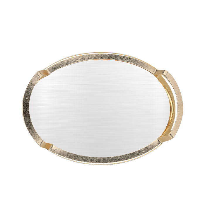 Round steel serving tray, silver with golden edges and handle image 1