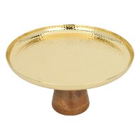 India Round Gold Steel Cake Stand Medium With Brown Wooden Base product image