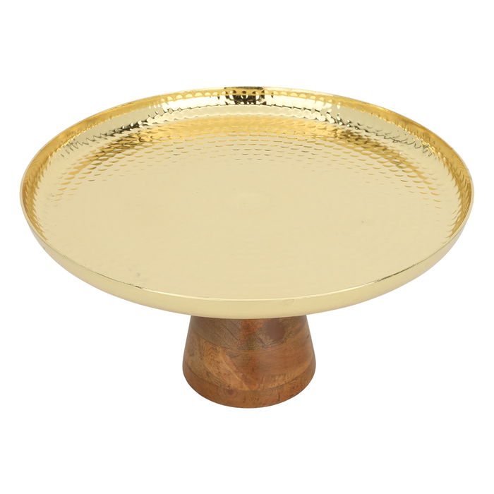 India Round Gold Steel Cake Stand Medium With Brown Wooden Base image 1