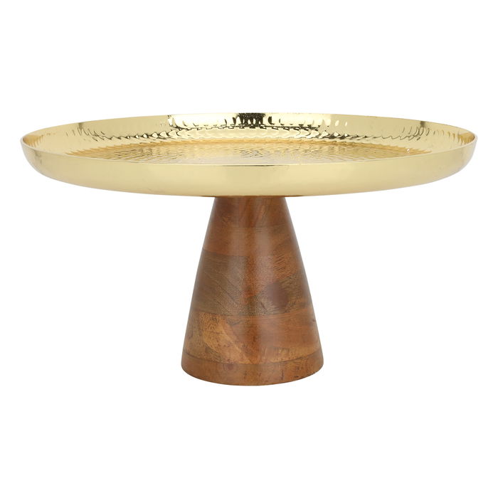 India Round Gold Steel Cake Stand Medium With Brown Wooden Base image 2