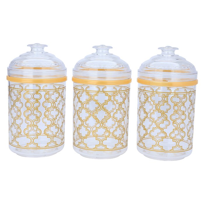 A set of 3 pieces of golden embossed circular plastic spice jars image 2