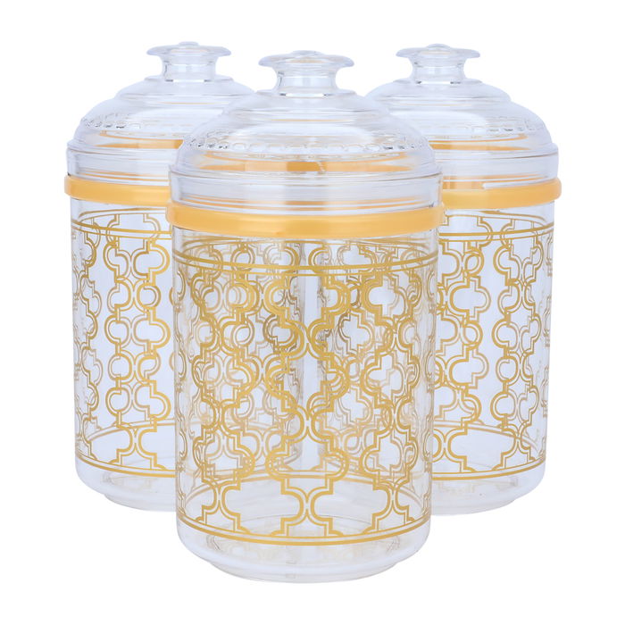 A set of 3 pieces of golden embossed circular plastic spice jars image 1