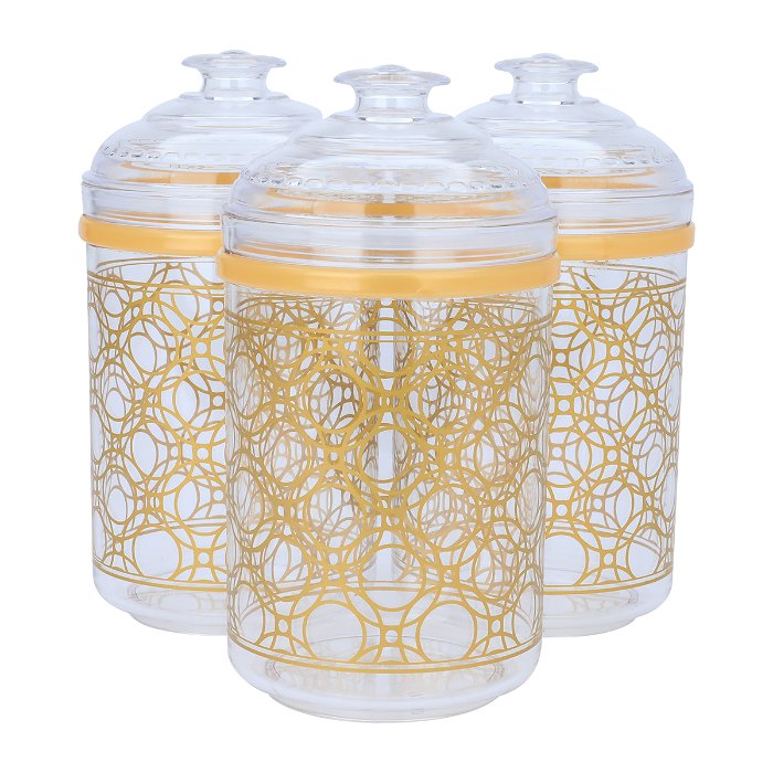 Spice jars set, round plastic, embossed with golden circles, 3 pieces image 1