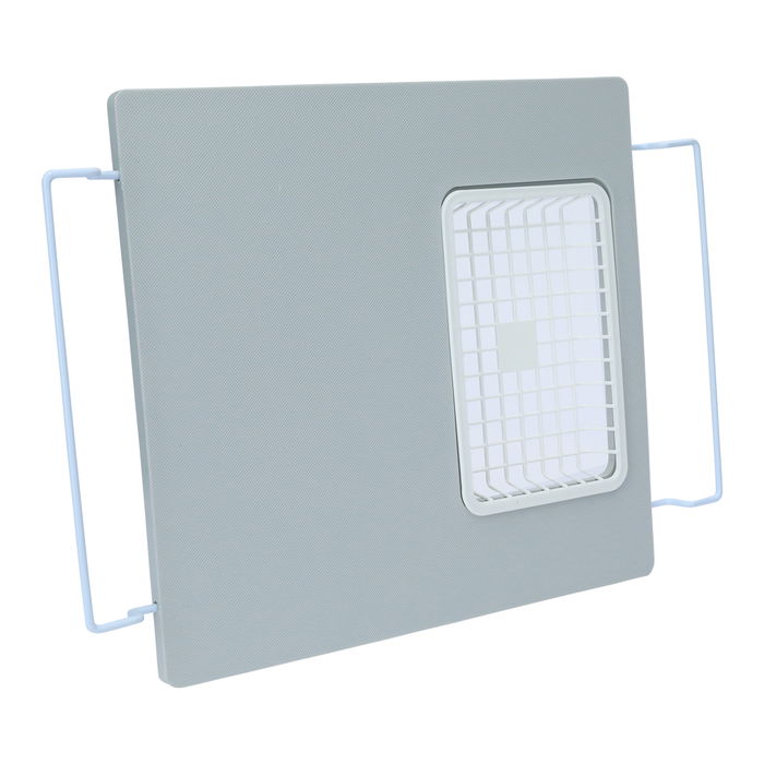 Grey plastic cutting board with strainer with hand image 2