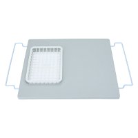 Grey plastic cutting board with strainer with hand product image