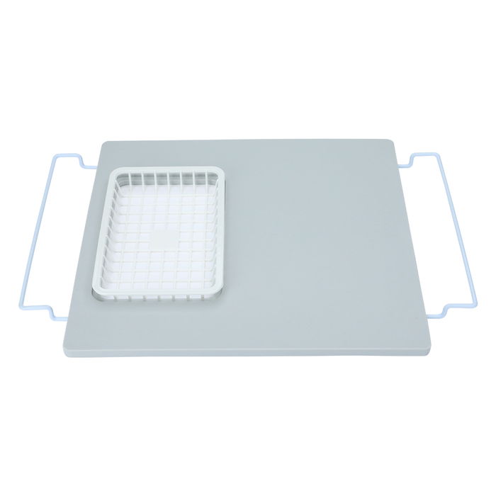 Grey plastic cutting board with strainer with hand image 1