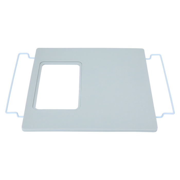 Grey plastic cutting board with strainer with hand image 3