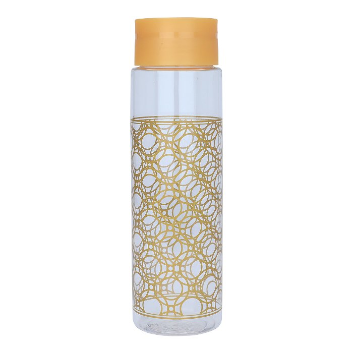 A clear plastic bottle with golden embossed large circles image 1