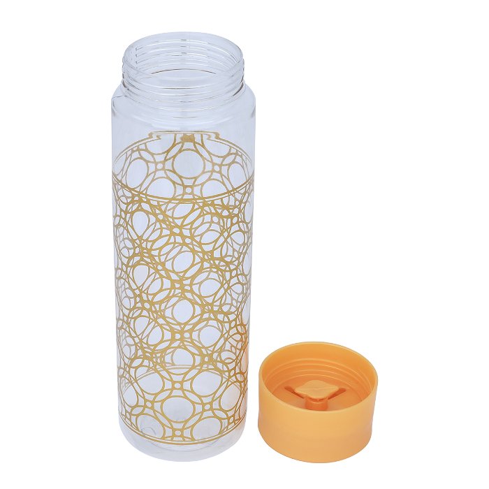 A clear plastic bottle with golden embossed large circles image 2