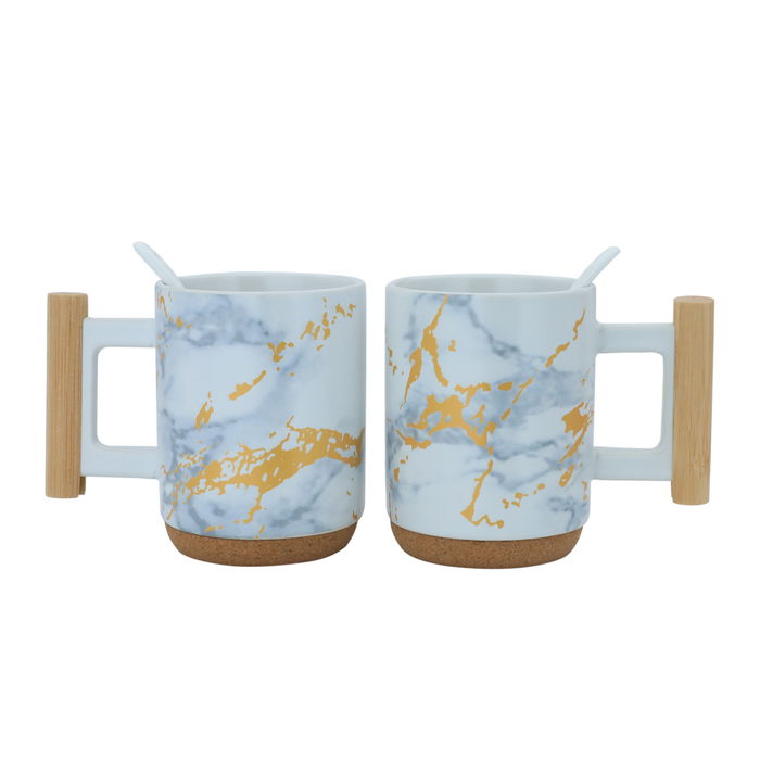 White marble mug set with wooden handle 300 ml image 1