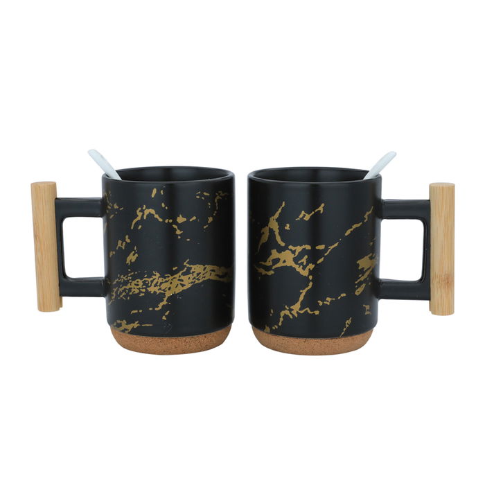 Black mug set, gilded with a wooden handle, 300 ml image 1