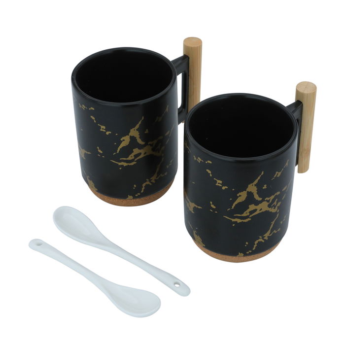 Black mug set, gilded with a wooden handle, 300 ml image 2