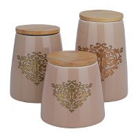 Golden patterned brown porcelain spice boxes set with wooden lid x 3 product image