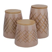 Spice Jar set, brown porcelain with golden stripes and wooden lid 3 pieces product image