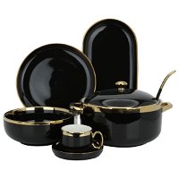 Dinner set, black round porcelain with a wide golden line, 51-pieces product image