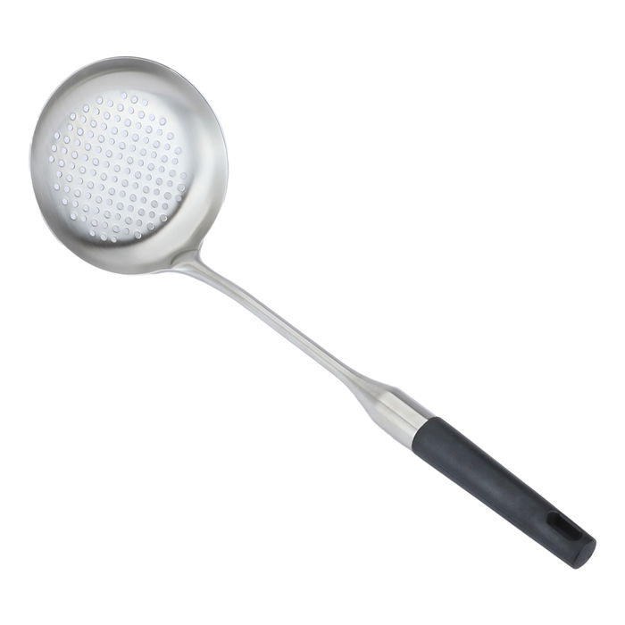 Perforated steel spoon with black handle image 1