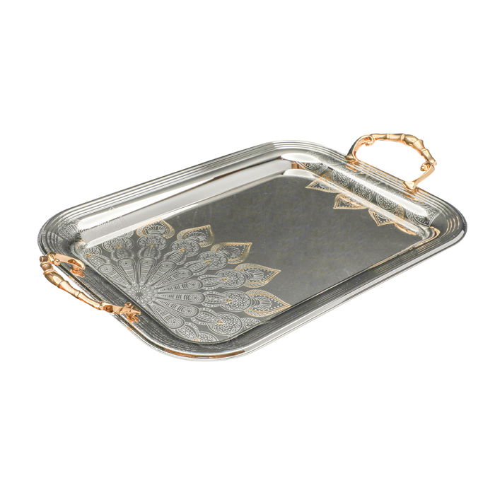 Serving trays set, embossed steel with a golden handle, 3 pieces image 2