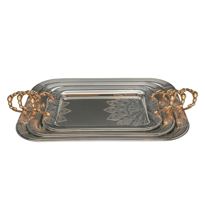 Serving trays set, embossed steel with a golden handle, 3 pieces image 1