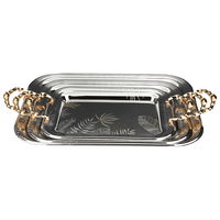 Serving tray set, silver steel rectangle with a golden handle, 3-pieces product image