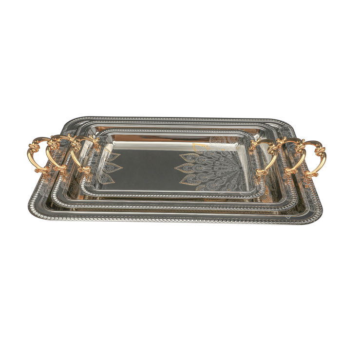 Serving trays set, silver steel embossed with a golden handle, 3 pieces image 2