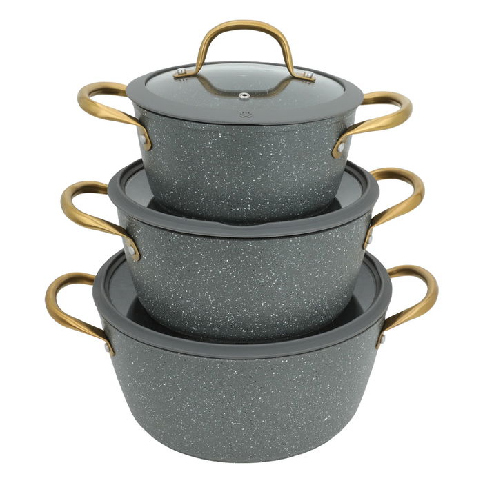 Rocky pots Set, Gray Granite, Golden Hand Glass Cover 9-Pieces image 2