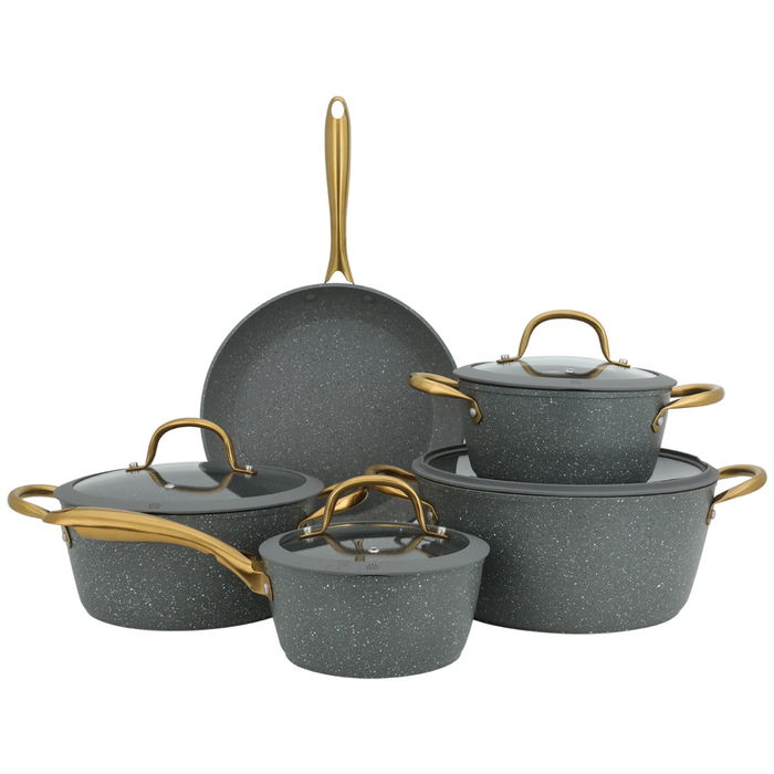 Rocky pots Set, Gray Granite, Golden Hand Glass Cover 9-Pieces image 1