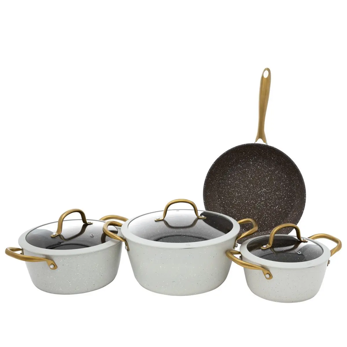 Rocky cookware set beige granite, golden handle glass cover, 7 pieces image 1