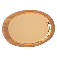 Serving tray, golden oval steel with a large wooden edge product image