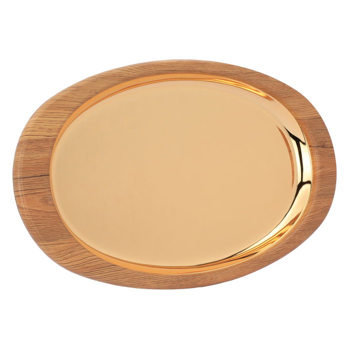 Serving tray, golden oval steel with a large wooden edge image 1