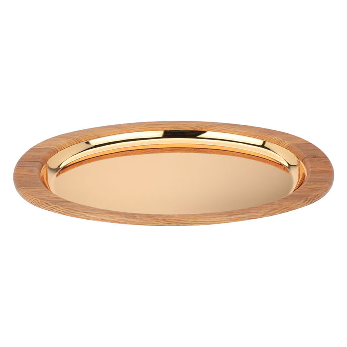 Serving tray, golden oval steel with a large wooden edge image 2