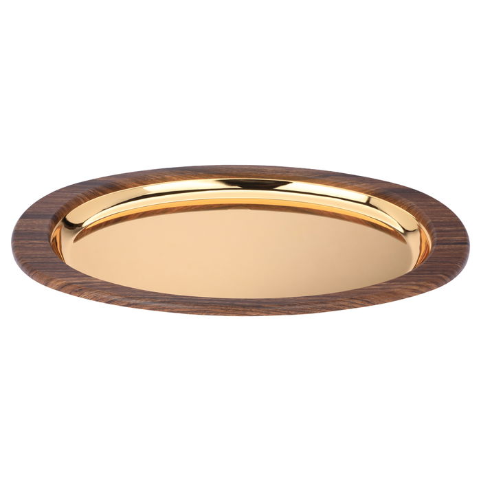 Serving tray golden oval steel with a large dark wooden edge image 2