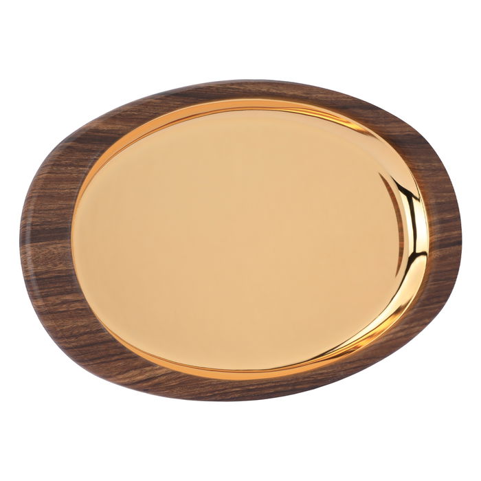 Serving tray golden oval steel with a large dark wooden edge image 1