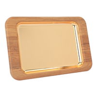 Serving tray, golden rectangular steel with a small wooden edge product image