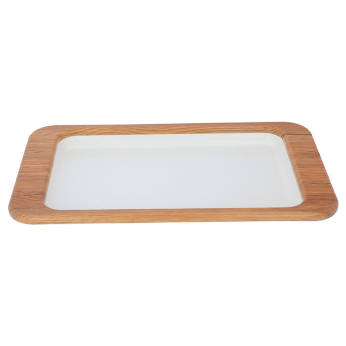 Serving tray, white rectangular steel with a large wooden edge image 2