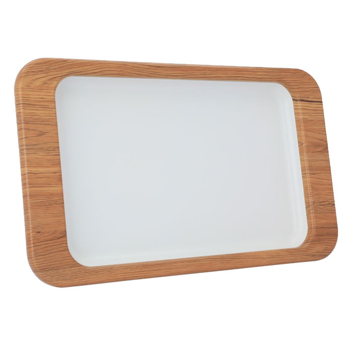 Serving tray, white rectangular steel with a large wooden edge image 1
