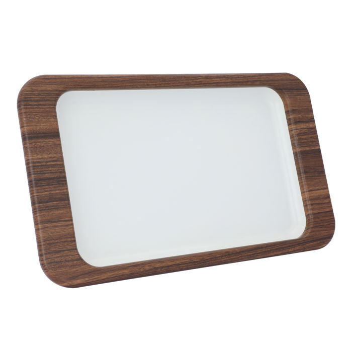 Serving tray, white rectangular steel with a large dark wooden edge image 1