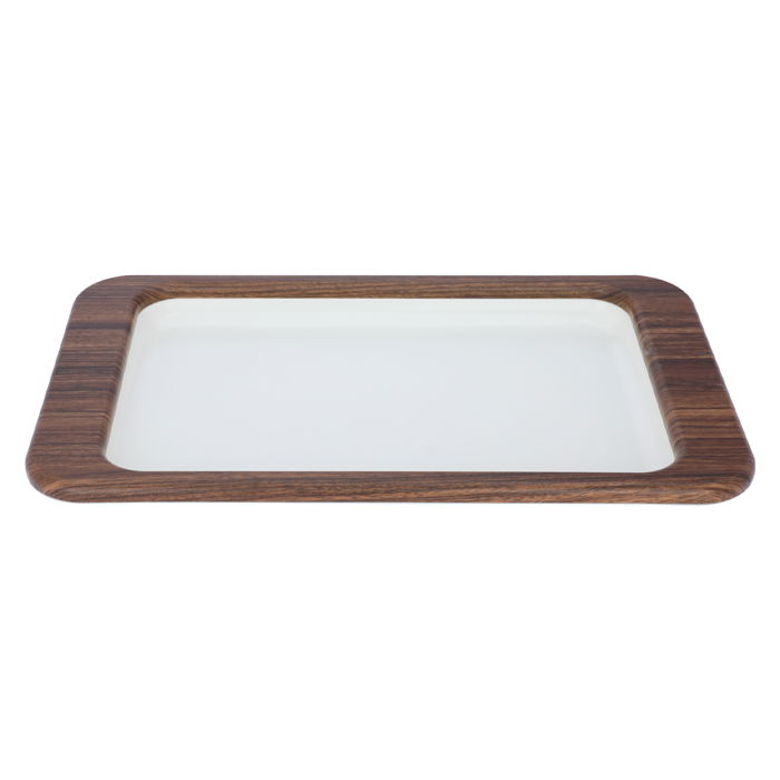 Serving tray, white rectangular steel with a large dark wooden edge image 2