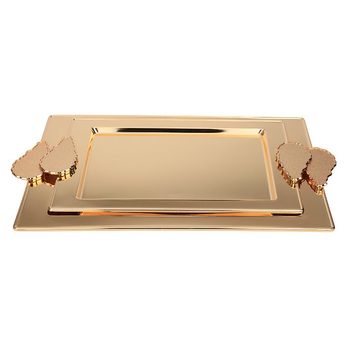 Serving trays set, shiny golden rectangular steel with two handles image 1