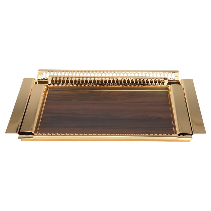 Serving trays set, dark wooden rectangular steel with a golden handle, two pieces image 1