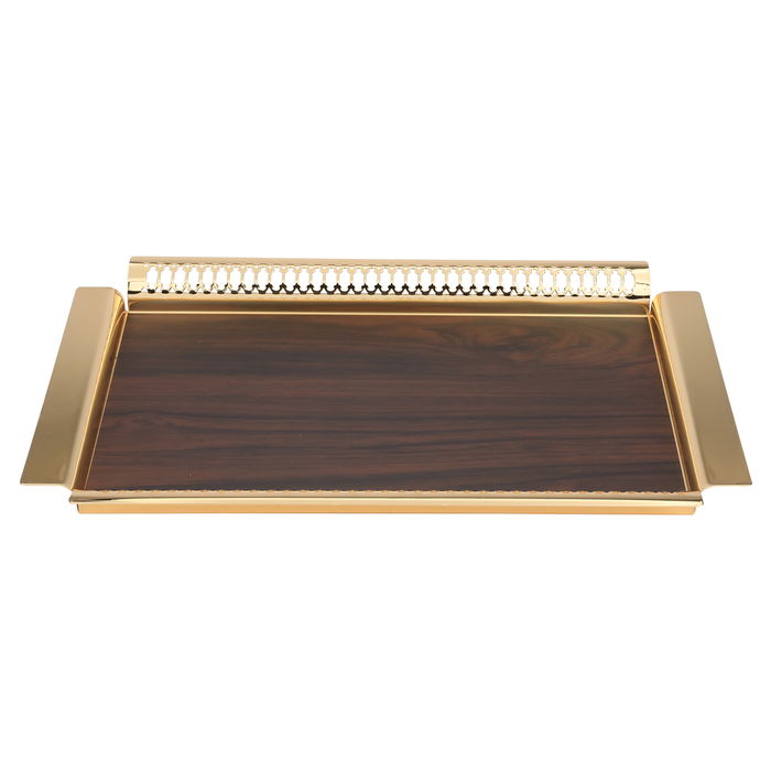 Serving trays set, dark wooden rectangular steel with a golden handle, two pieces image 2