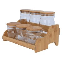 Glass spice boxes set with wood lid and stand 6 pieces product image