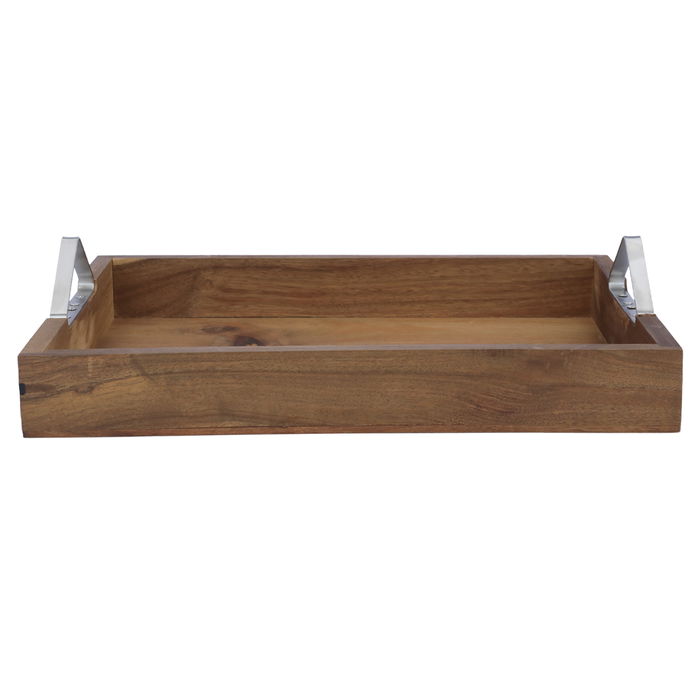 Serving tray, rectangular wood with a large steel handle image 2