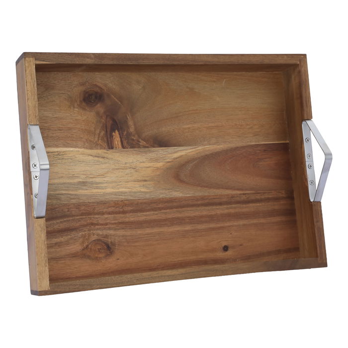 Serving tray, rectangular wood with a large steel handle image 1