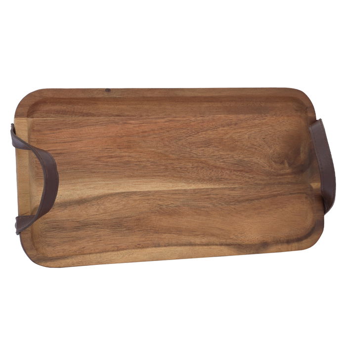 Serving tray, rectangular wood with small leather handle image 1