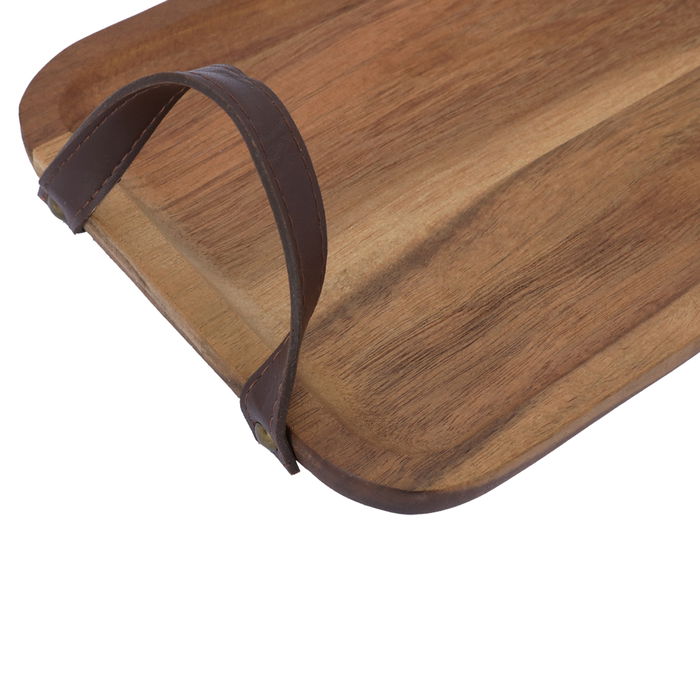 Serving tray, rectangular wood with small leather handle image 3