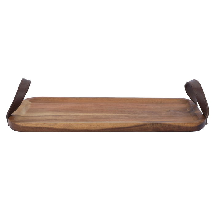 Serving tray, rectangular wood with small leather handle image 2