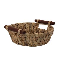 Deep wicker serving basket with brown wood hand product image