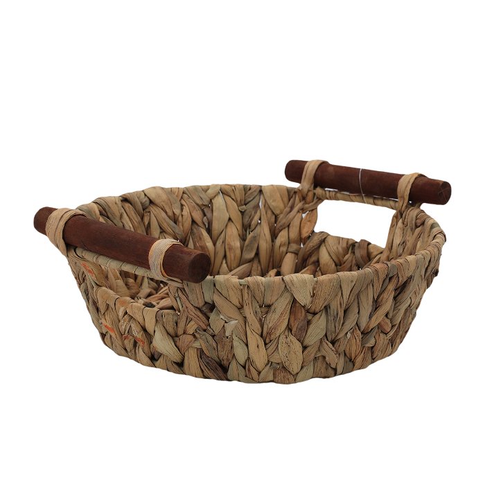 Deep wicker serving basket with brown wood hand image 1