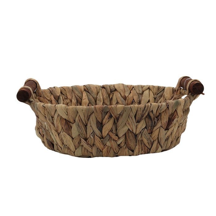 Deep wicker serving basket with brown wood hand image 2