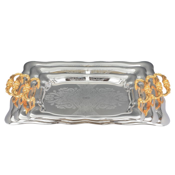 Serving trays set, silver steel embossed with gilded handle, 3 pieces image 1